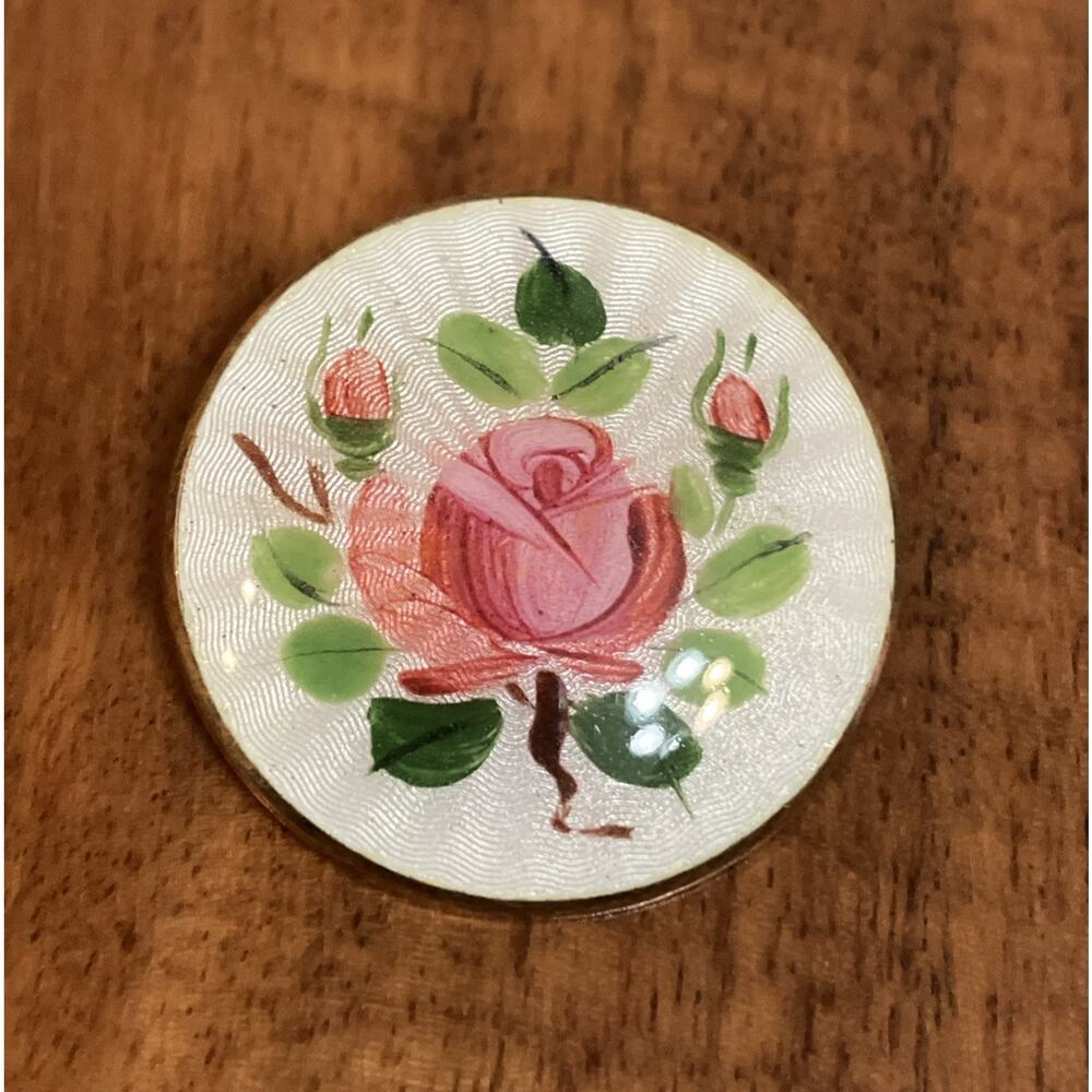 Vintage OPRO Sterling Silver Hand Painted Enamel Pink Rose Brooch Pin Gilt MCM